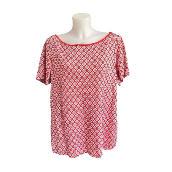 St. John Ikat Geometric Pattern Round Neck Knit Peasant Top in‎ Geranium XL NEW - Picture 1 of 12